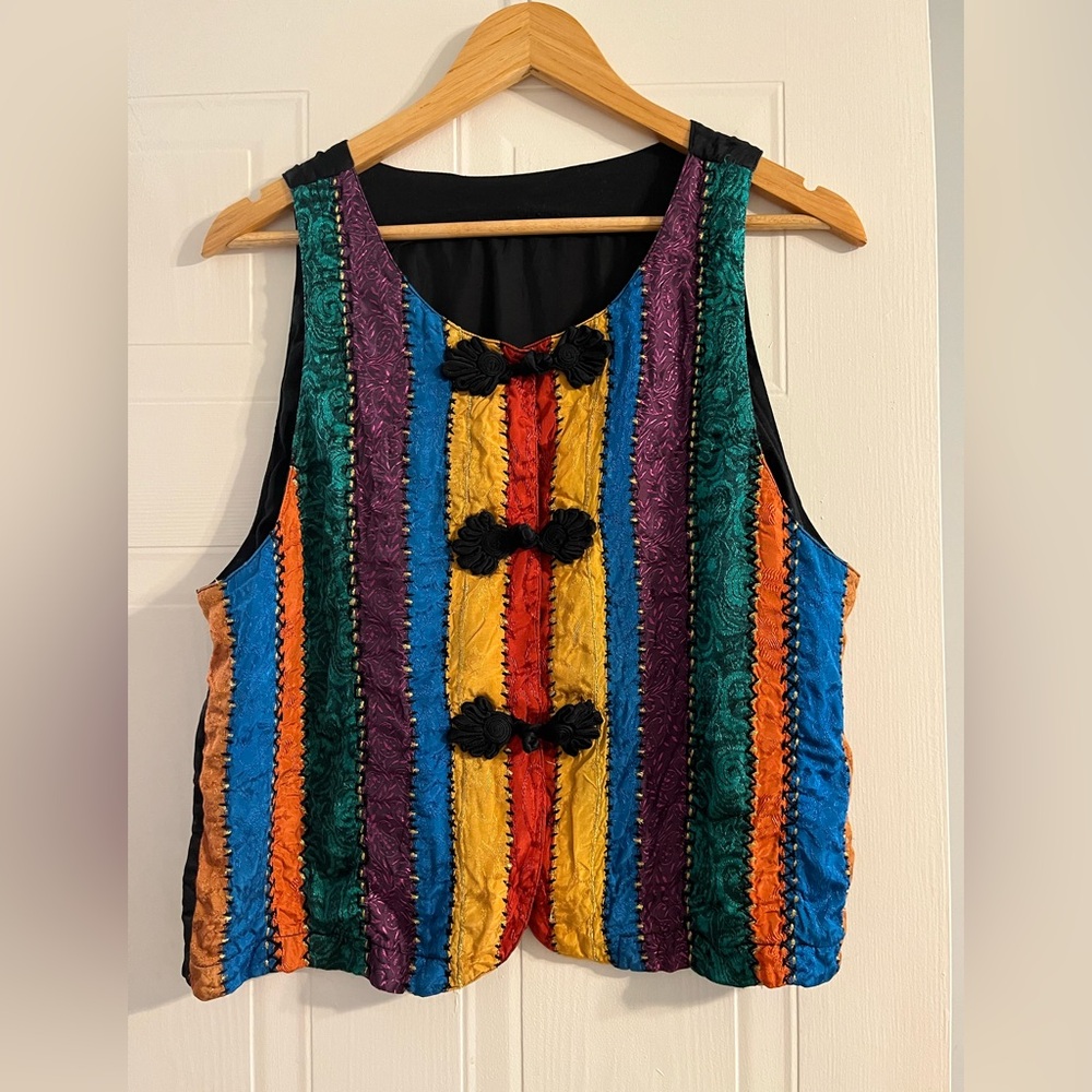 90s VINTAGE MULTICOLOR STRIPED SILKY VEST - SIZE LARGE